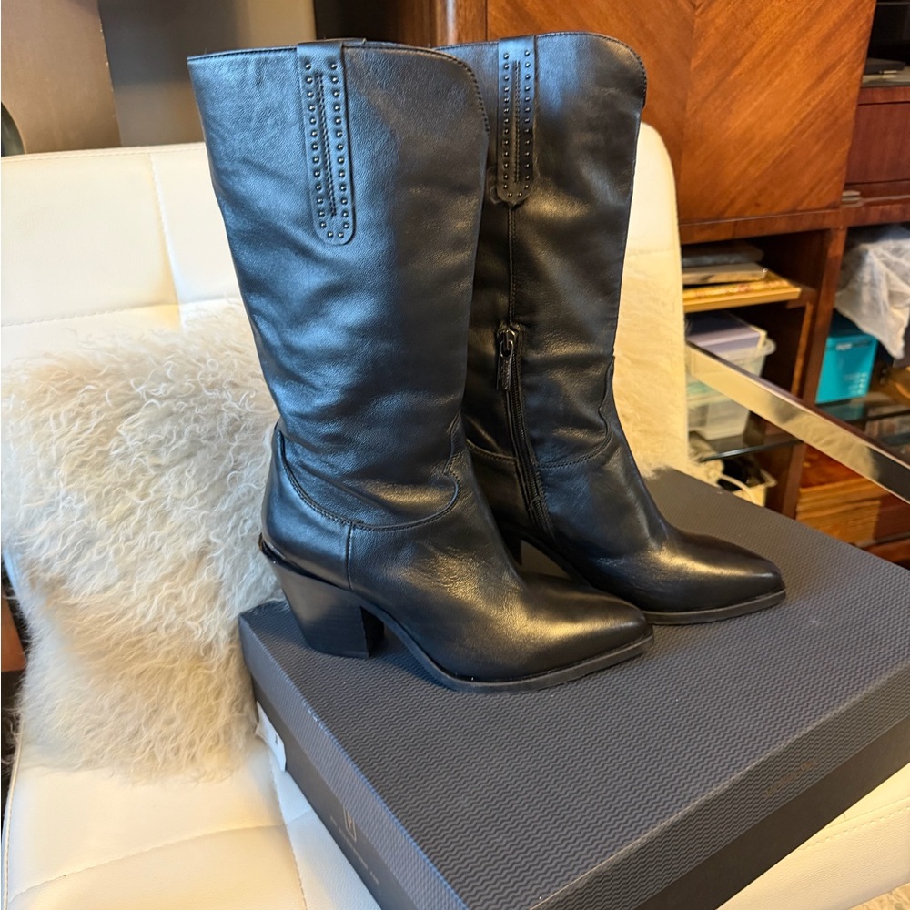 Women’s Black Mid-Calf Leather Heeled Boots with Stud Detail